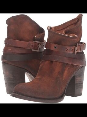 Freebird By Steven Blaze Brown Suede Stacked-Heel Ankle Boots with Wrap Straps